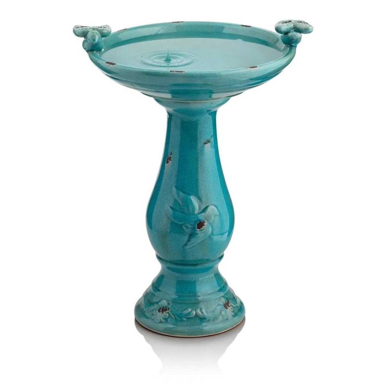 Turquoise Blue Ceramic Birdbath for Garden Patio Deck Yard Weatherproof Pedestal Mount